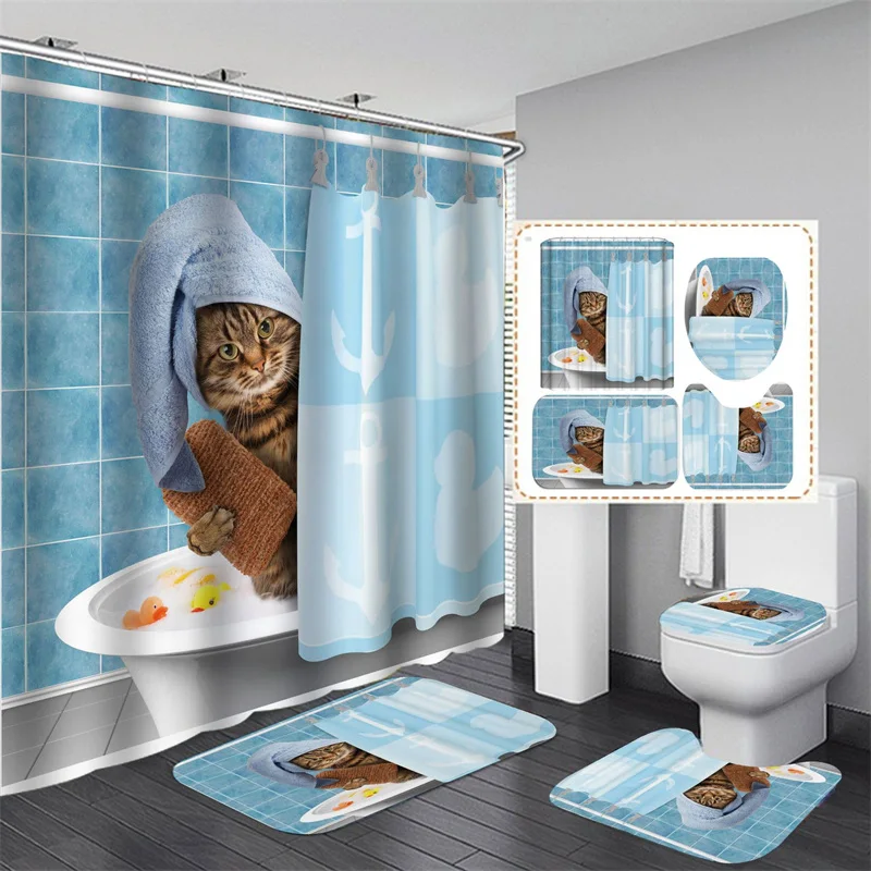 

Cartoon Cat Dog Shower Curtain Animal Print Bath Mat Set Waterproof Carpet Toilet Rug For Bathing Cover Bath Curtain With Hooks