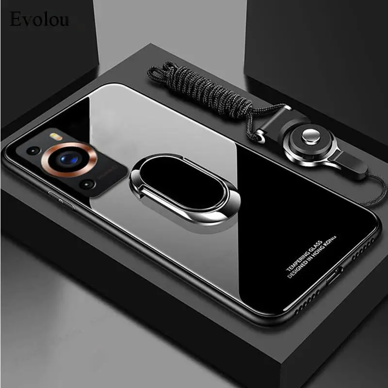 Magnetic Ring Stand Holder Shockproof Case with Tempered Glass and Lanyard