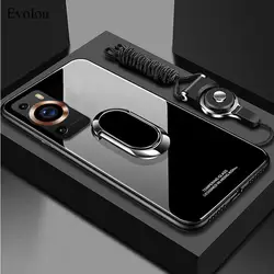 Magnetic Ring Stand Holder Shockproof Case with Tempered Glass and Lanyard for P40 Pro Plus (Black)