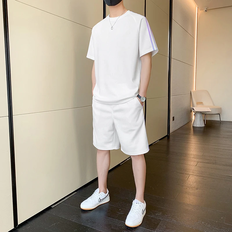 2024 Summer Casual Suit Men's Top 100% Fashion Cotton Short-sleeved Long Tracksuit Pants Street Wear 2-piece Men's Wear Shorts