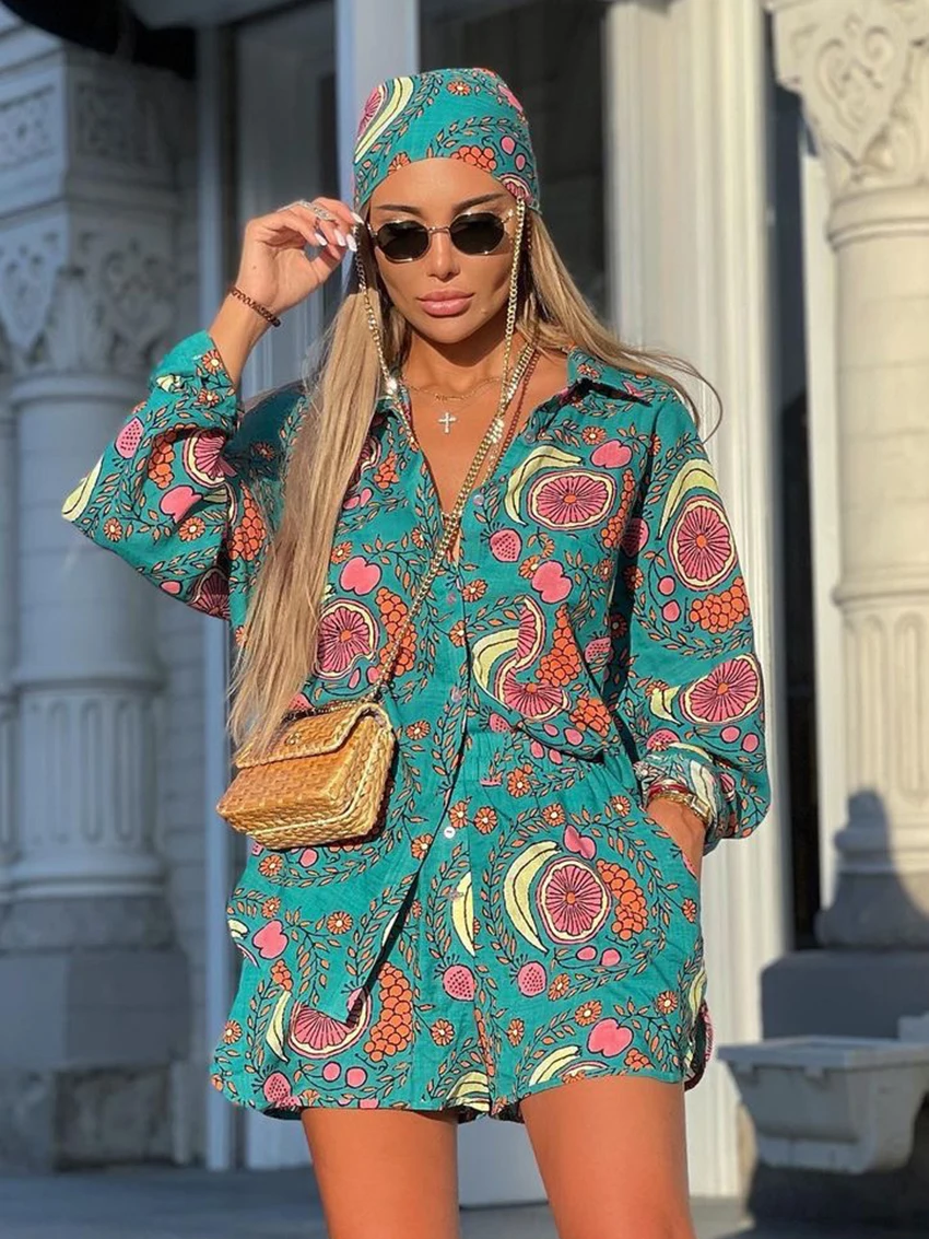 Marthaqiqi Printing Women Sleepwear Set Long Sleeve Pajamas Sexy Turn-Down Collar Nightwear Shorts Casual Ladies Nightgowns Suit