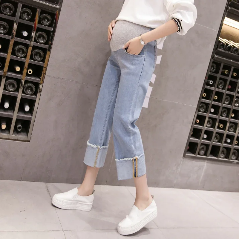 Latest Wide Leg 9/10 Length Maternity Jeans Pregnant Woman Loose Spring Summer Pants Elastic Waist Trousers Pregnancy Clothes