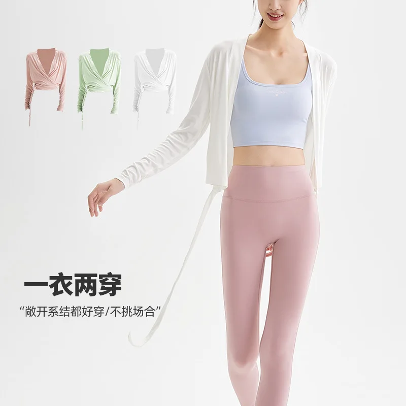 Sports t shirt sports shirt yoga shirt yoga top long sleeve loose sports shirts women gym yoga fitness breathable two-wear design hem strap top soft comfortable workout coat