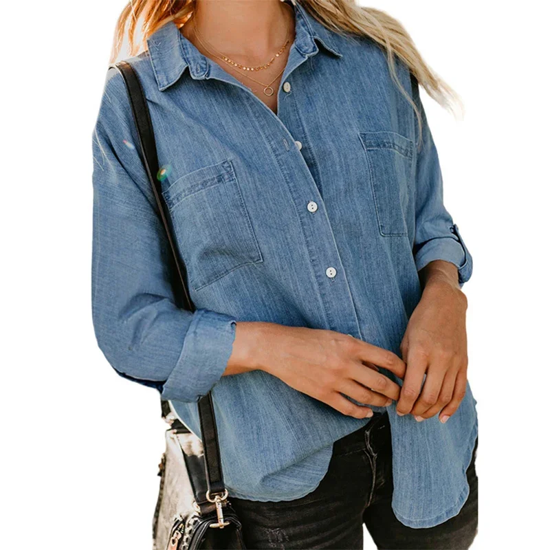 

Women Autumn Thin Denim Shirt Solid Color Lapel Single-breasted Cardigan Blouse Splicing Double Pockets Tops Female Office Wear
