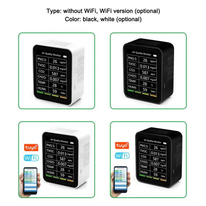 AID 1Set Tuya Smart WiFi CO2 Detector Sensor Luchtkwaliteit Monitor TVOC CO2 Gas CH2O Temperatuur Vochtigheid Meter Multifunctioneel, Zwart