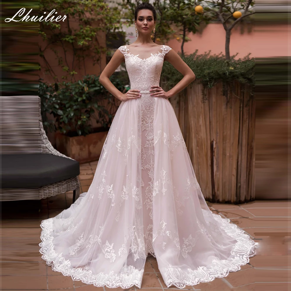 

Lhuillier 2 in 1 Scoop Neck Lace Appliques Mermaid Wedding Dresses Cap Sleeves Bridal Dress with Detachable Train