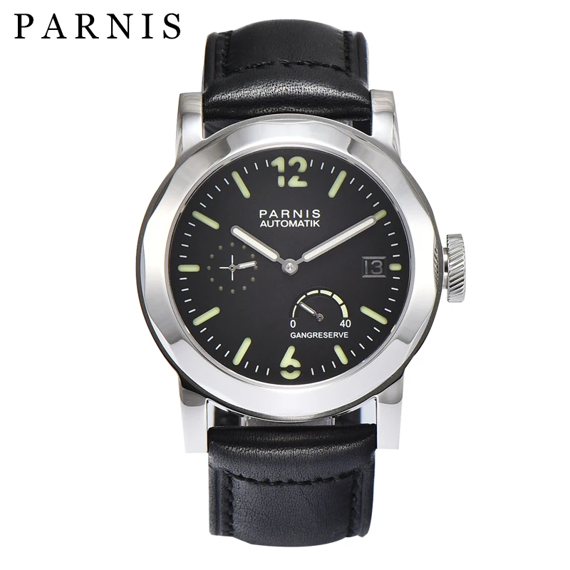 

Parnis 43mm Silver Case Mechanical Automatic Men Watches Power Reserve Leather Strap Calendar Wristwatches Man relogio masculino