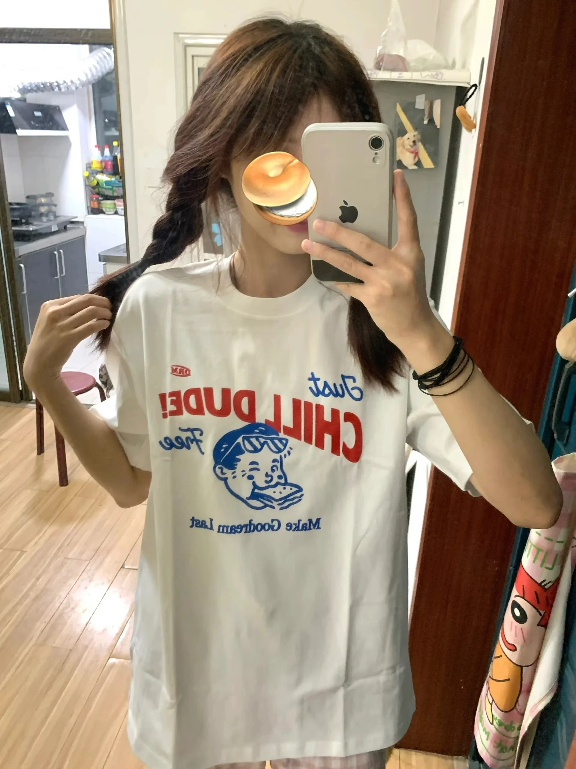 Summer Printed T-Shirt Women's White Casual Kids Cartoon Top Trendy High-End Feeling Cotton Sandwich Summer Men Women Clothes