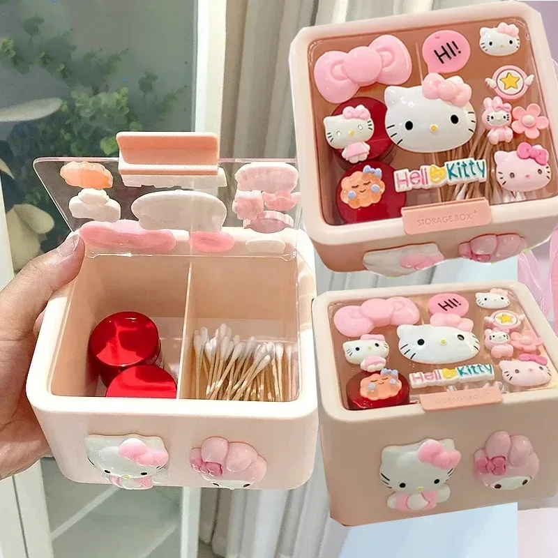 

Miniso Sanrioed Hello Kitty Lipstick Storage Box With Lid Cotton Pad Nordic Style Double-Layer Compartment Desktop Storage Use