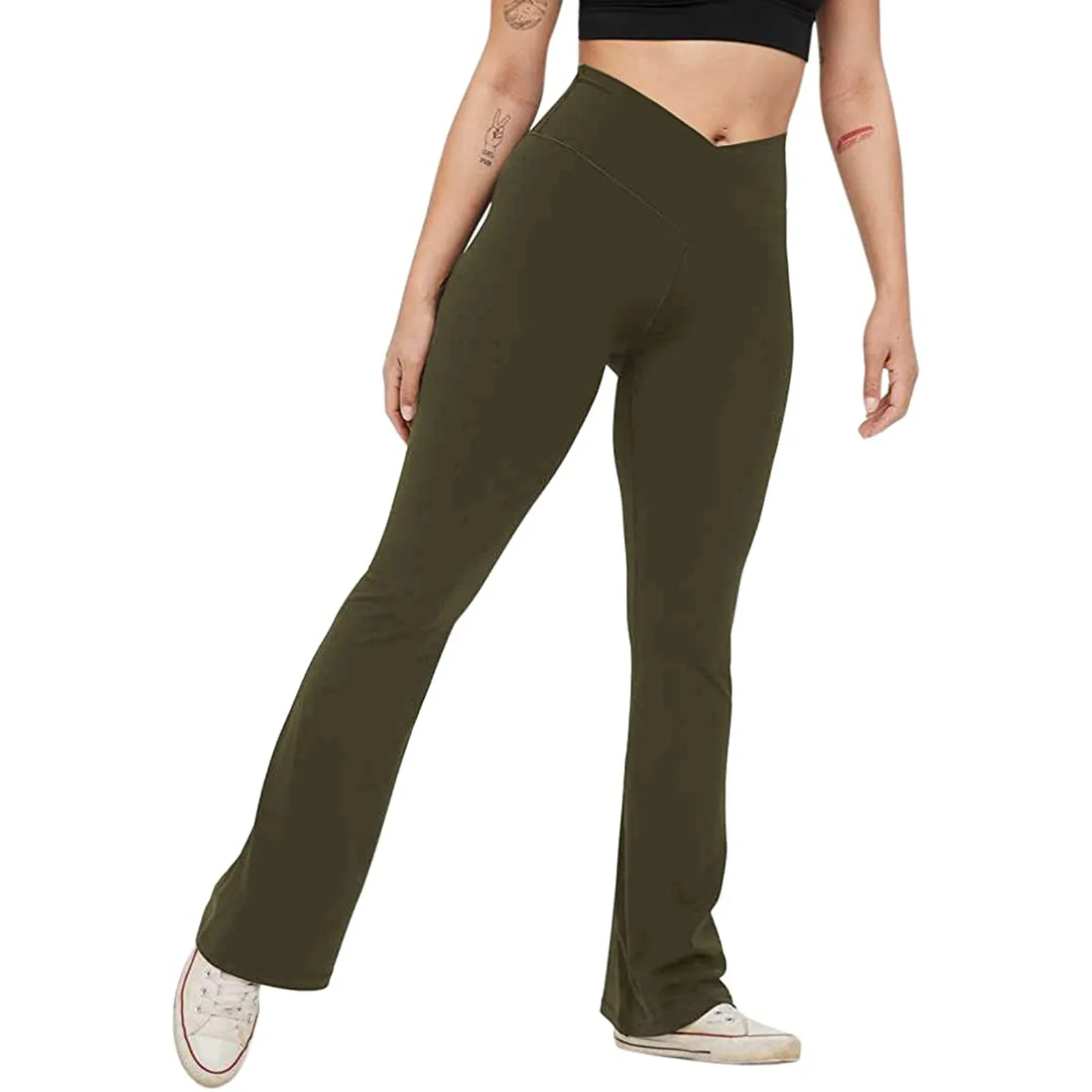 Sports Yoga Flared Long Pants Women Elastic High Waist Control Tummy Leggings Solid Color Tight Trousers Butt Lifting Pantalones