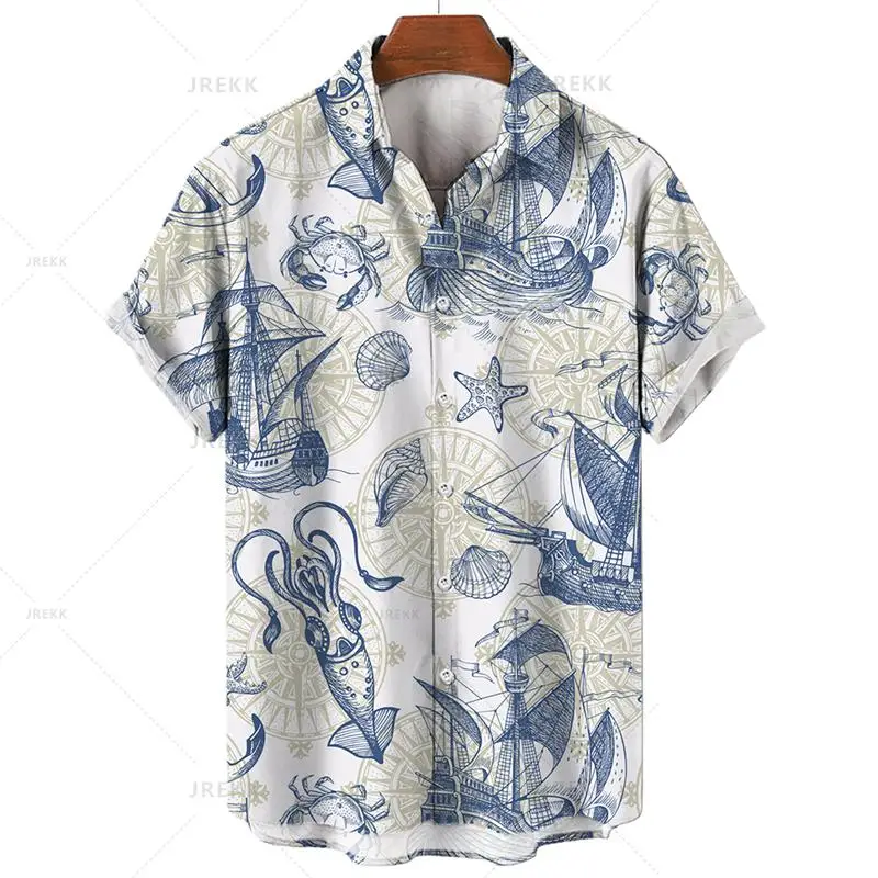 thumbnail image 1 of Camisa hawaiana retro unisex para hombre, camisa de talla grande, camisa retro con estampado 3D de velero y brújula marina, camisetas holgadas de manga corta para hombre, 1 of 5
