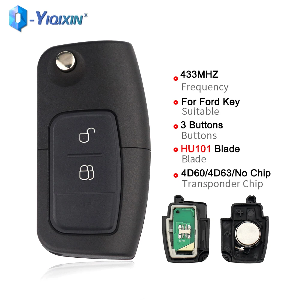 YIQIXIN Remote Flip Car Key For Ford Focus S C Max Fiesta Ranger Kuga MK2 4D60 4D63 40 80 Bits HU101 Blade 2 Buttons 433MHz Fob