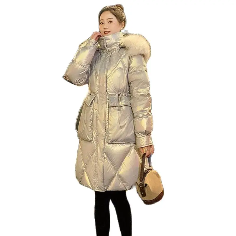 

2022winter Bright Surface Wash-free Down Women's Mid-length Korean Style Cotton-padded Loose Foreign Style