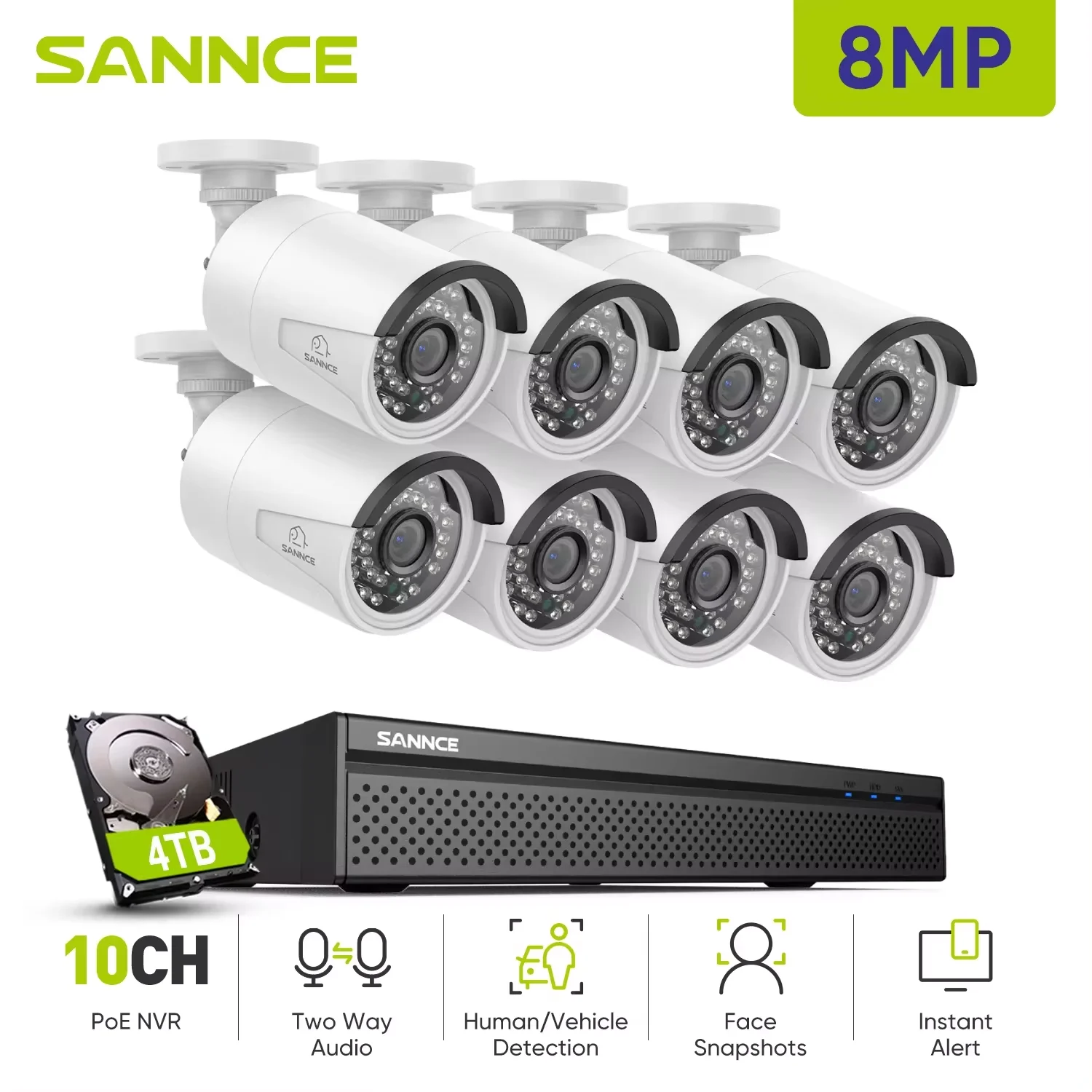 Security Camera Smart Outdoor Camera SANNCE 8CH 8MP Wired NVR POE Security Camera System 5MP IP66 Outdoor IR-CUT CCTV Canera Video Surveillance Video Recorder Kit