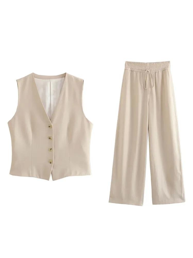 

TRAF 2023 summer new women's vest jacket casual solid color single-breasted V-neck elegant street top wide-leg pants suit