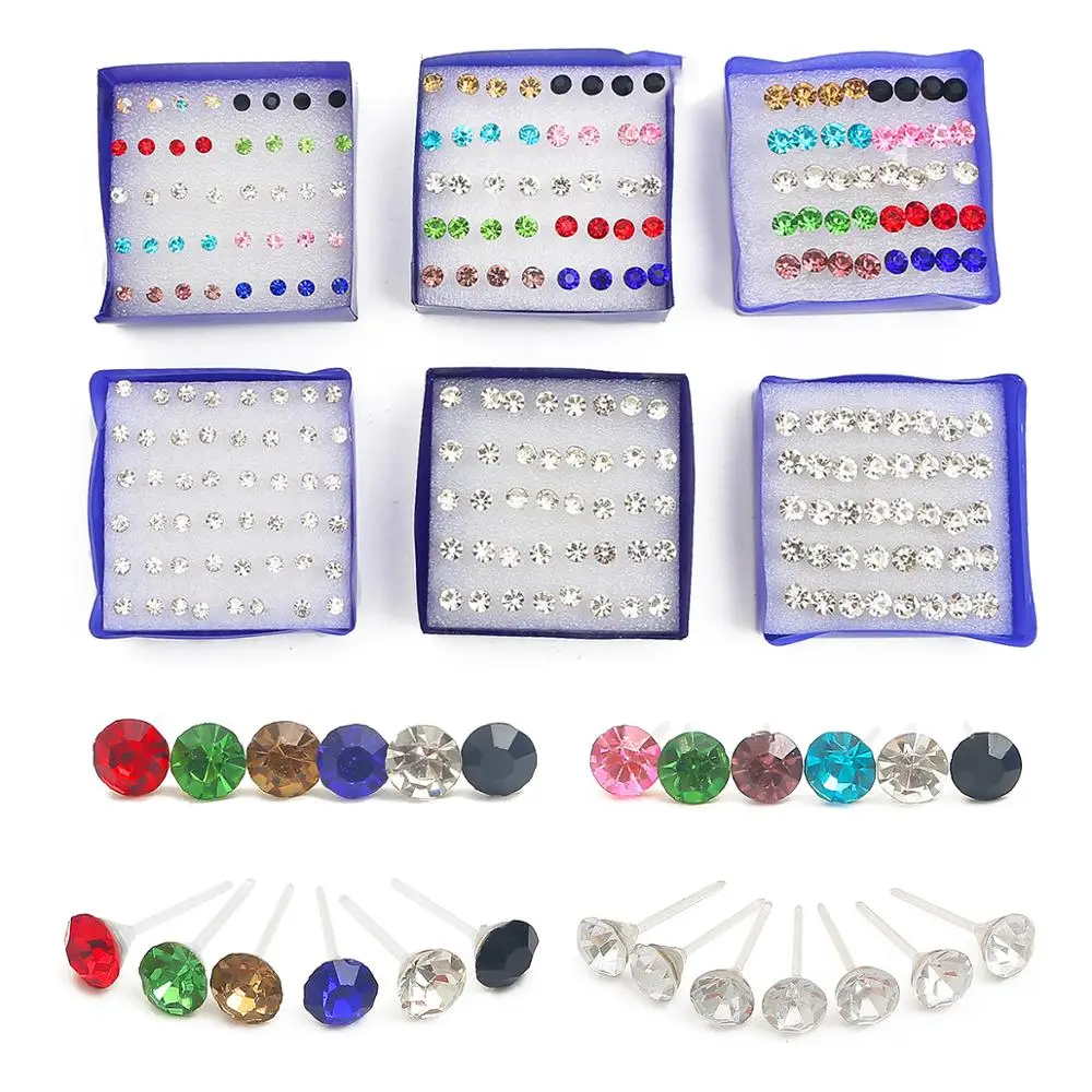 

20pairs/set 3/4/5/6mm Colorful Crystal Stud Earrings New Fashion Simple Earrings Piercing Plastic Ear For Women Jewelry Bijoux