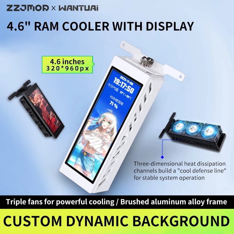 ZZJMOD 4.6인치 스크린 메모리 쿨러, IPS-LCD 스크린/마더보드 USB 9핀&팬 3핀 인터페이스/맞춤형 배경/알루미늄 합금