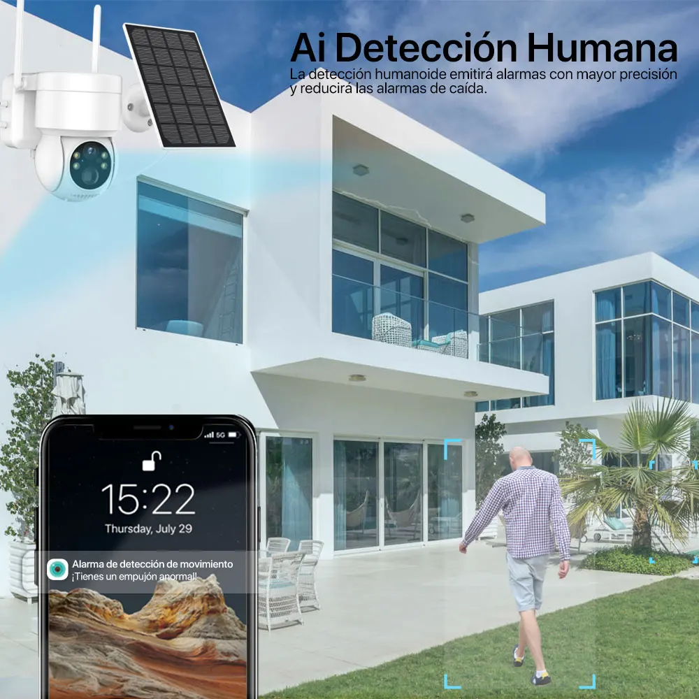 Dioche Cámara solar WiFi, cámara PTZ inteligente de alerta WiFi con visión  nocturna IR, audio de 2 vías, sistema de vigilancia impermeable IP66