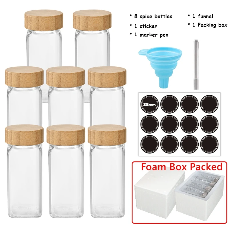 Elegant Glass Spice Jars with Bamboo Lids - Premium Kitchen Spice Organizer Set