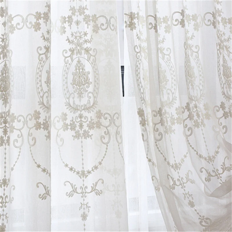 Embroidered White Tulle Curtains For Living Room Luxury Hall European Lace Voile Sheer Curtains For Window Bedroom Girl Drapes 