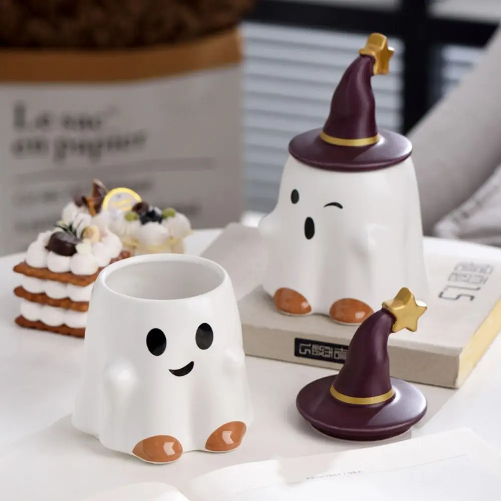 

500ml Cute Ghost Cartoon Ghost Water Cup with Lid Breakfast Oatmeal Mug Novelty Gift Ceramics Mug Cup Halloween