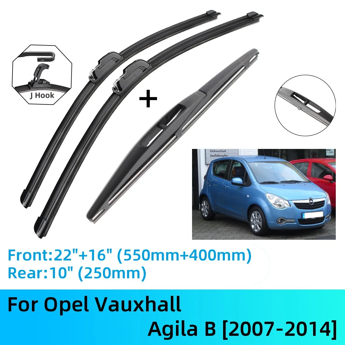 For Opel Vauxhall Agila B Front Rear Wiper Blades Brushes Cutter