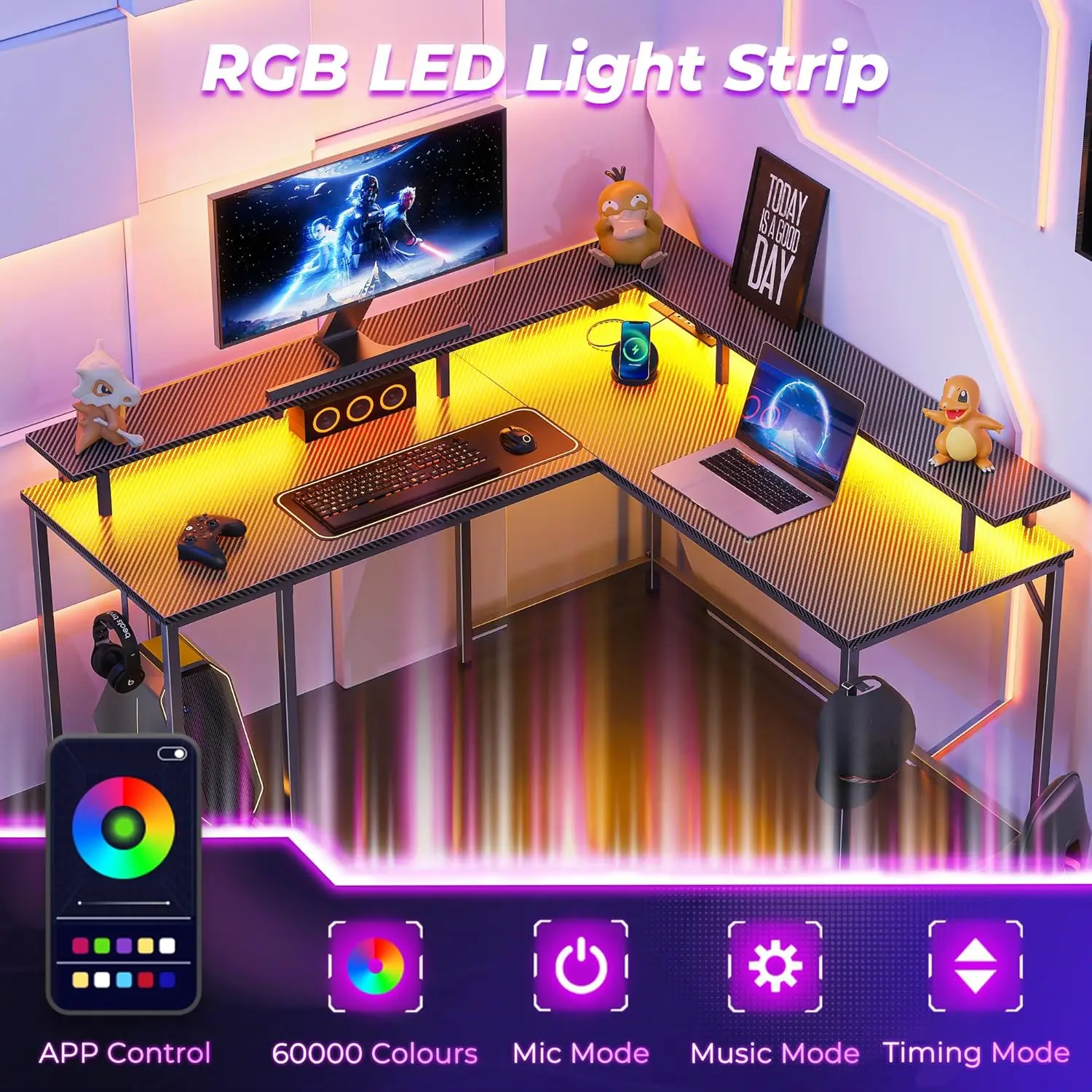Desk L Shaped Gaming Desk with LED Lights & Power Outlets Computer Desk with Monitor Stand Home Office Desk Corner Desk with