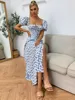 Ditsy Floral Print Puff Sleeve Tie Front High Split Dress Women Ruched Drawstring Party Long Dress Vestidos Sundress Robe Femme 4