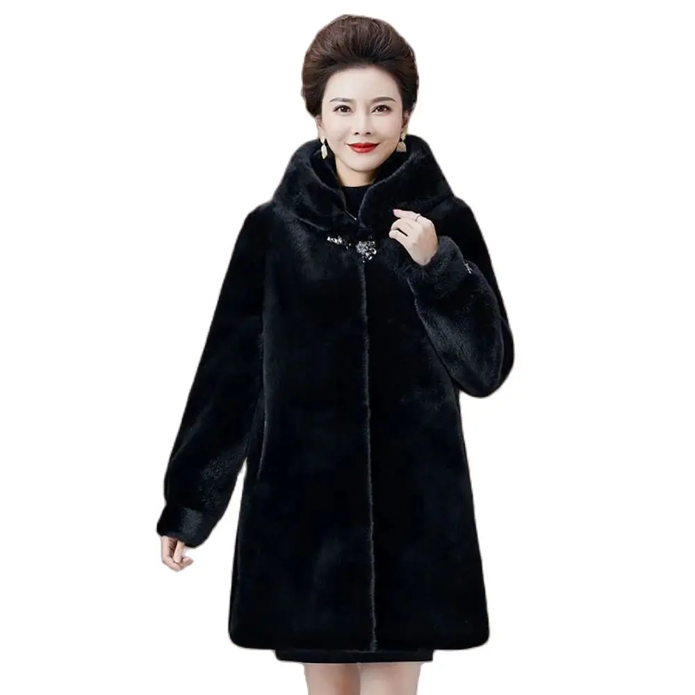 

The Whole Mink Mink Mao Mao Warm Temperament Coat Ladies 2023 Winter New Hooded Fashion Long Loose Imitation Fur Coat Women 5XL.