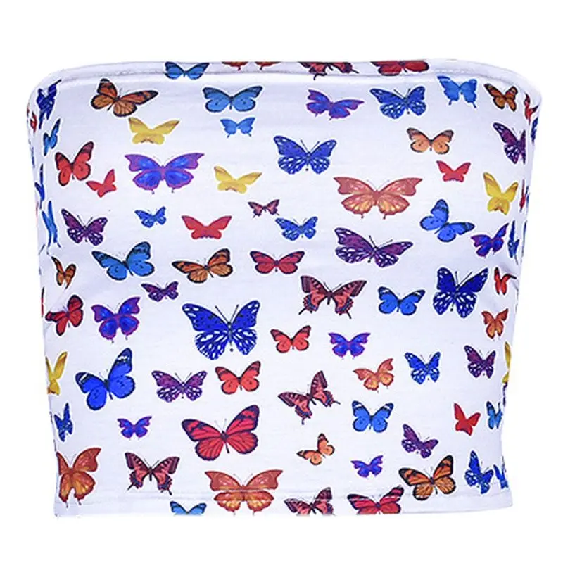 

Женский сексуальный укороченный топ без бретелек с открытыми плечами, разноцветный с принтом бабочки