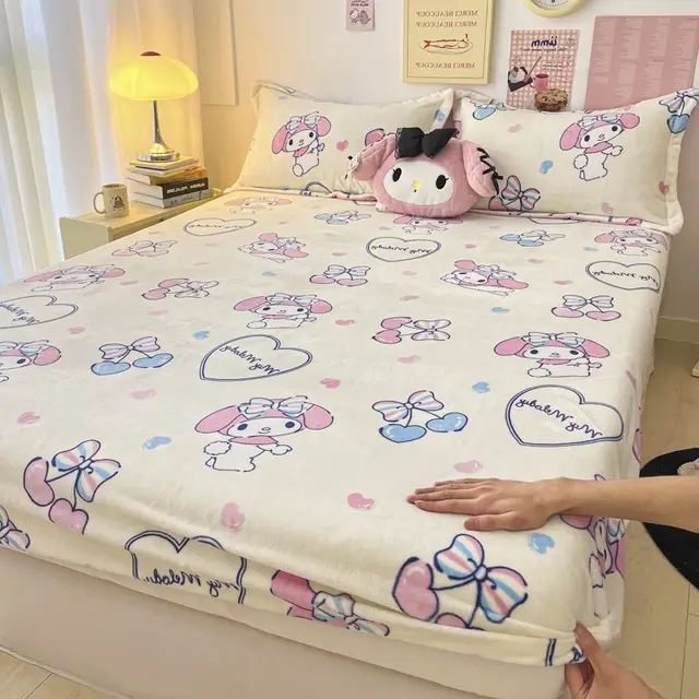 만화 어린이 침대 커버로 안전하고 포근한 수면 환경을 제공하는 산리오 마이멜로디 쿠로미 시나모롤 밀크 플리스 침대 헤드 싱글 시트