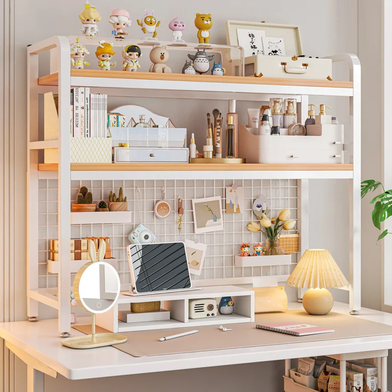 Grid Desktop Bookshelf Multi-tiered Bookshelf Wrought Iron Shelf Student Computer Desk Table with Holes Wooden Shelf