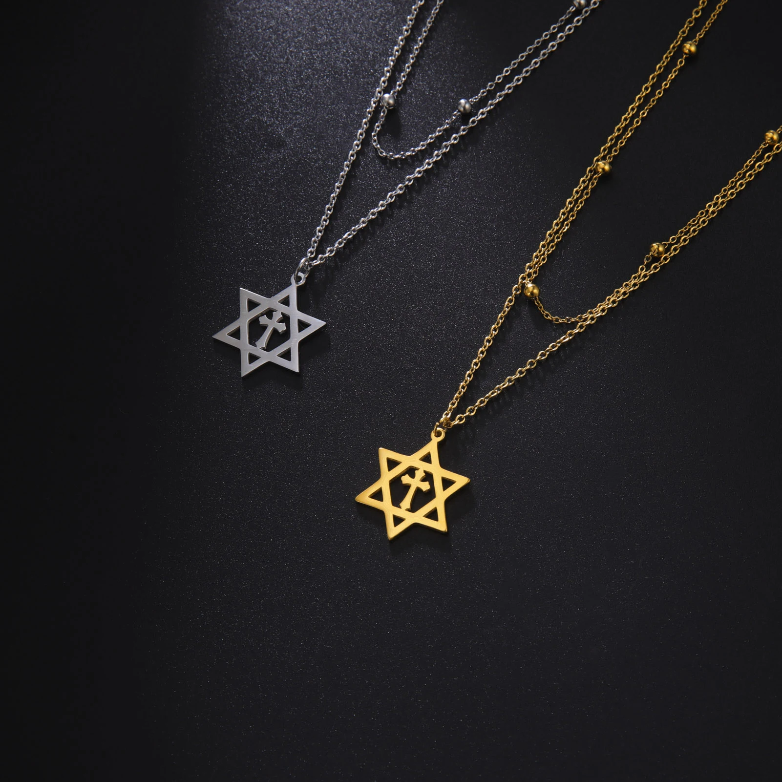 Cazador Stainless Steel Gold Color Star of David Christian Cross