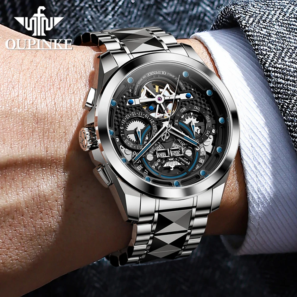 OUPINKE 3249 Men Watch Top Brand 50m Waterproof Mechanical Watch For Men Hollow Skeleton Synthetic Sapphire Mirror Wristwatch