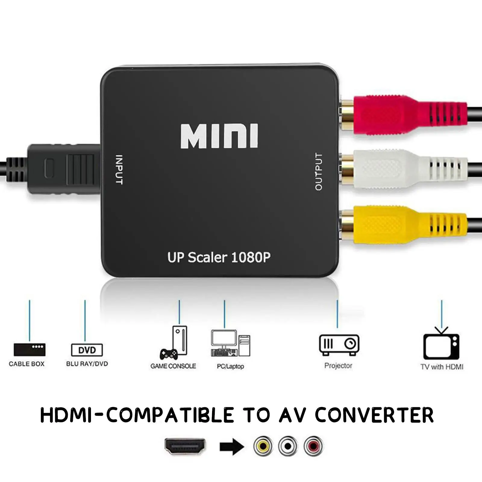 HD 1080P RCA AV to HDMI 컴포지트 어댑터 컨버터 비디오/오디오 신호 CVBS AV 어댑터 NTSC PAL 출력 지원 AV to HDMI