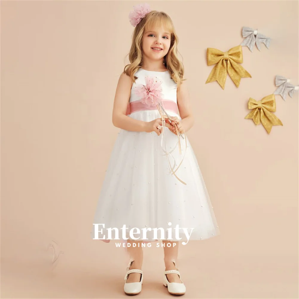 Flower Girl Dresses A Line Scoop Neck Girls Elegant Dresses Tea-Length Tulle Beading Bow Wedding Dresses Vestidos Para Niñas