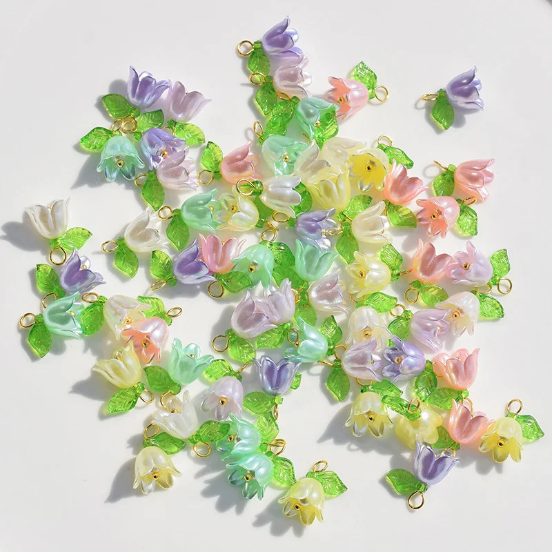 10/100pcs Cute Pearl Bell Orchid Pendant Green Leaf Flower For DIY Jewelry Making Accessories Handmade Earring Necklace Bracelet