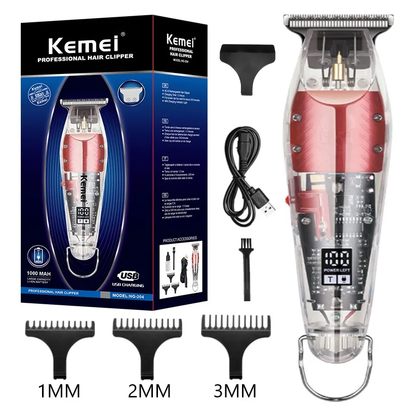 

Kemei Hair Trimmer 0mm Professional Barber Hair Clipper Cordless Transparent Men Finish Hair Cutting Machine LED Display Lighter