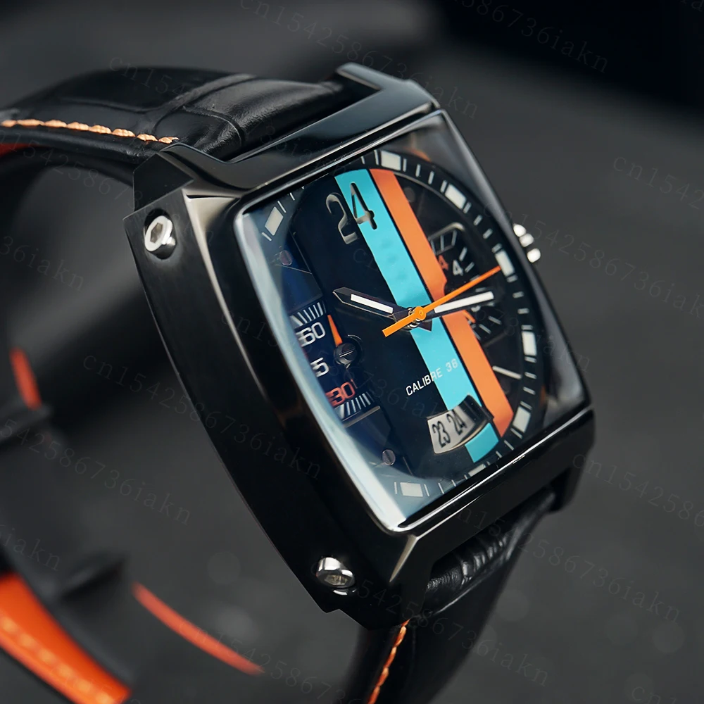 2022Fashion New Men's Color Bar Square Dial Sapphire Mirror Stainless Steel Leather Strap Sports Leisure Waterproof Quartz Watch