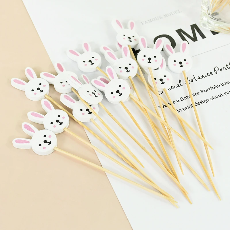 

100Pcs Easter Disposable Bamboo Skewers Rabbit Easter Eggs Fruit Fork Food Picks Sandwich Buffet cake Stick Easter Decoration