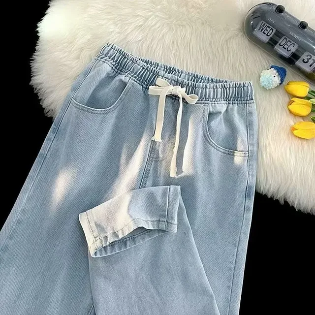Vintage Straight-leg Elastic Waist Jeans Men Loose-fit High Street Style Versatile Pants Washing Drawstring For Men