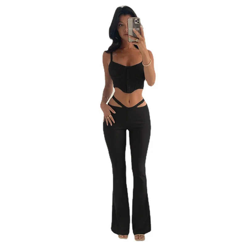 Low Waist Slim Flare Pants Sexy G String False Two Pieces Trousers