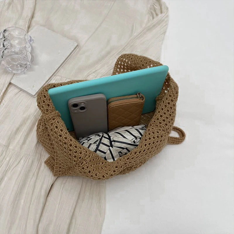 Fashion Women's Large Capacity Hollow Woven Shoulder Bag Solid Color Crochet Tote Handbag Mesh Knitting Underarm BagSummer Beach