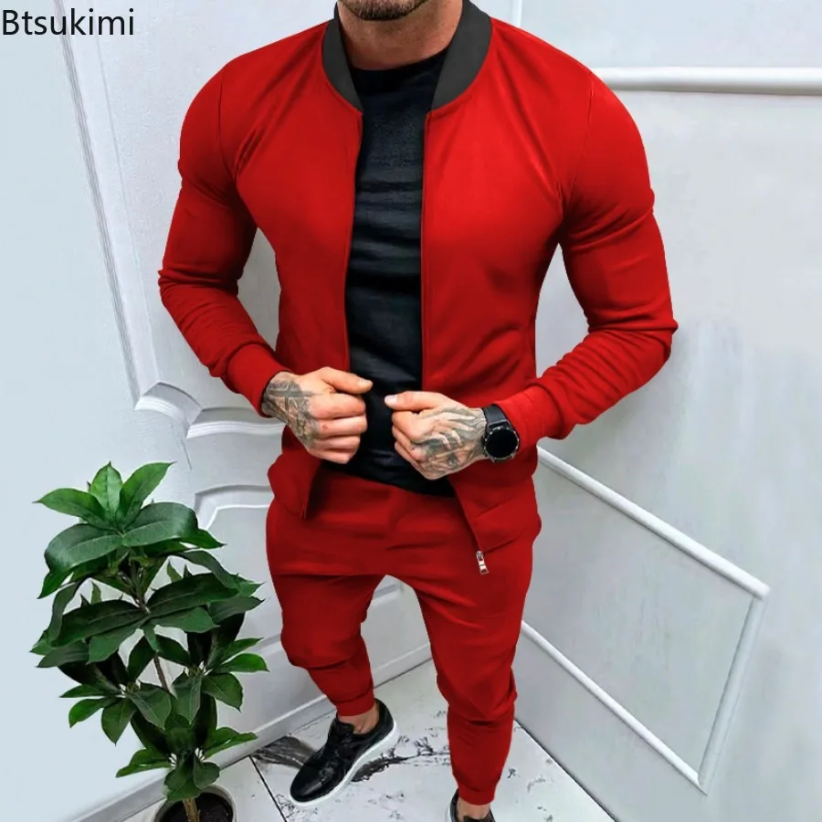 2024 Men's Casual 2PCS Pants Sets Solid Slim Tracksuits Sets Man Stand Collar Long Sleeve Zipper Jackets and Trousers Sets Male