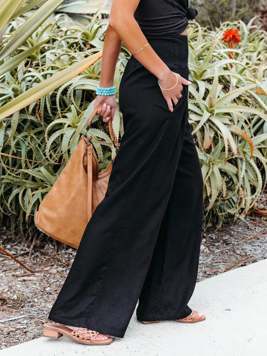 Women s Casual High Waist Wide Leg Pants with Pockets Solid Color Loose Fit Trousers for Summer Beach Vacation