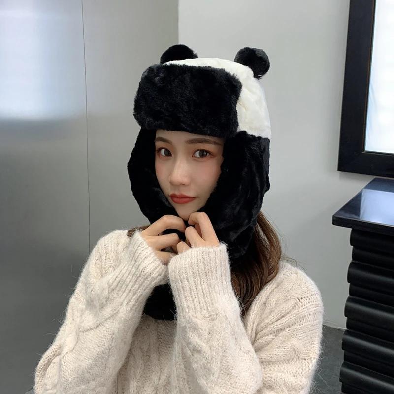 Autumn and Winter Plush Red Panda Lei Feng Hat Outdoor Cold-proof Warm Hat Cycling Ear Protection Hat Pilot Hat Plus Velvet Hat navy blue bomber hat