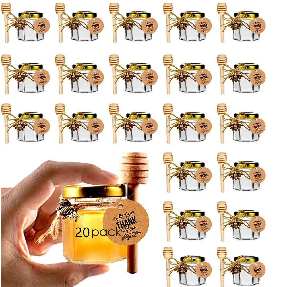 20 pack 1.5oz Mini Glass Honey jars Small Hexagon Honey Jars with Dipper Empty Glass Jars for Baby Shower Wedding Favors Party F glass honey jars
