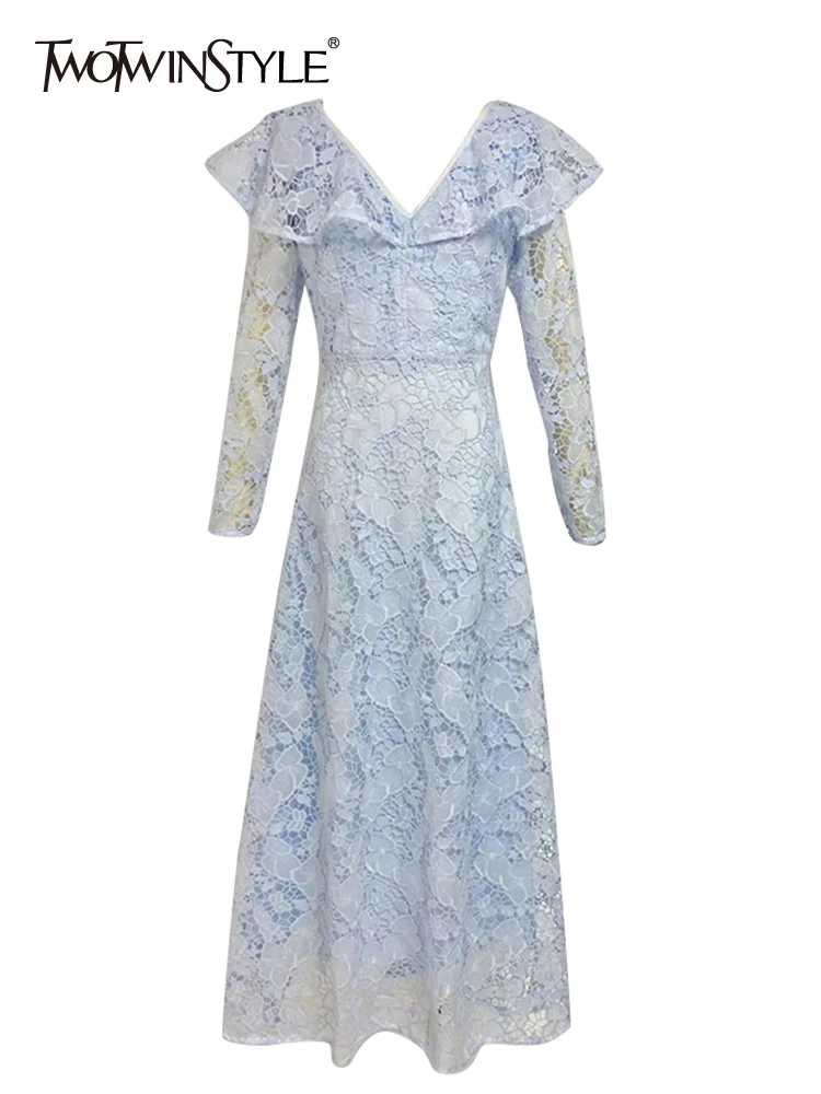 

TWOTWINSTYLE Embroidery Hollow Out Elegant Dresses For Women V Neck Long Sleeve High Waist Temperament Dress Female Fashion 2023