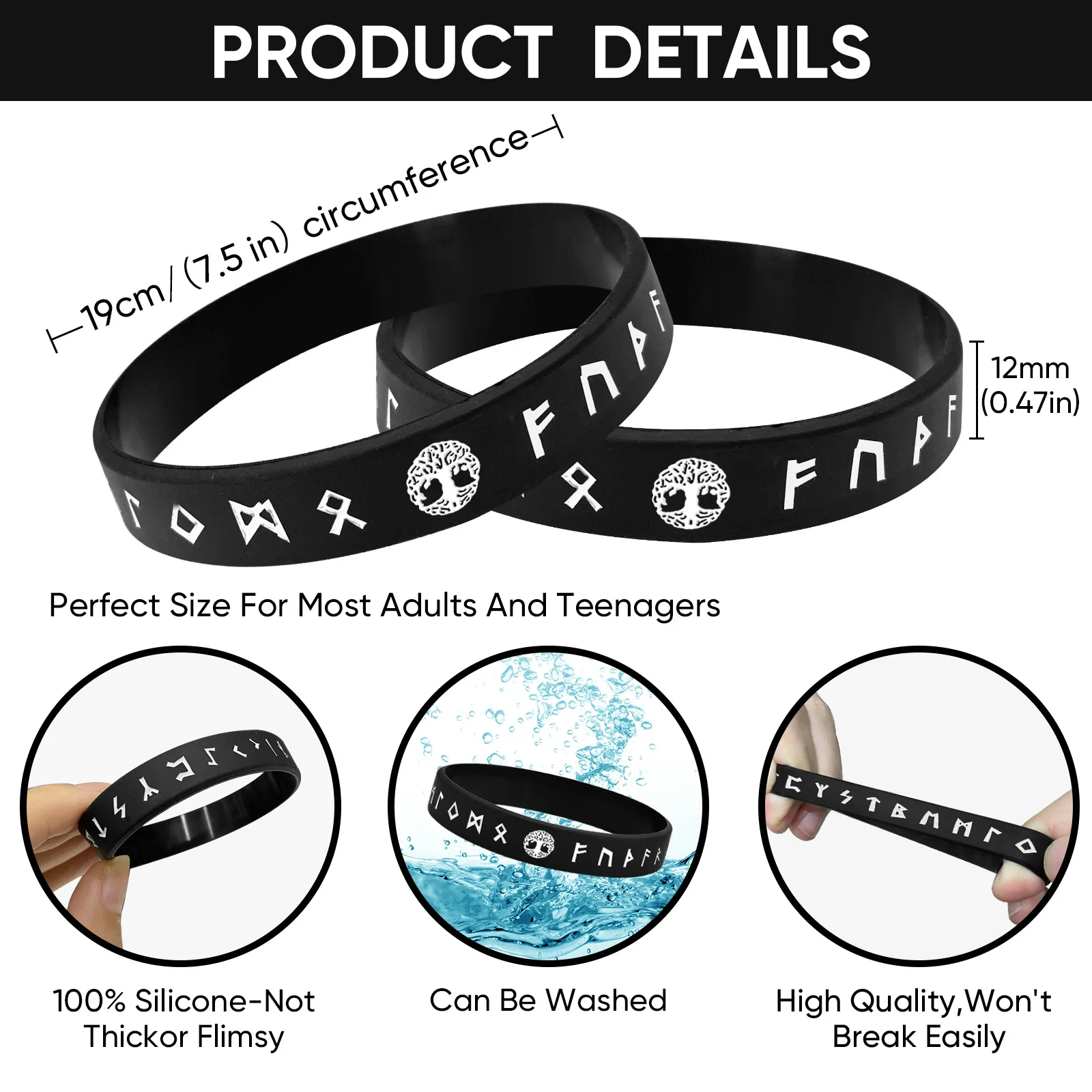 Vnox 1/2/3/4 Pcs Tree of Life Bracelets for Men,Black/White Norse Viking Runes Silicone Rubber Band Wristband Bangle,Comfort Fit