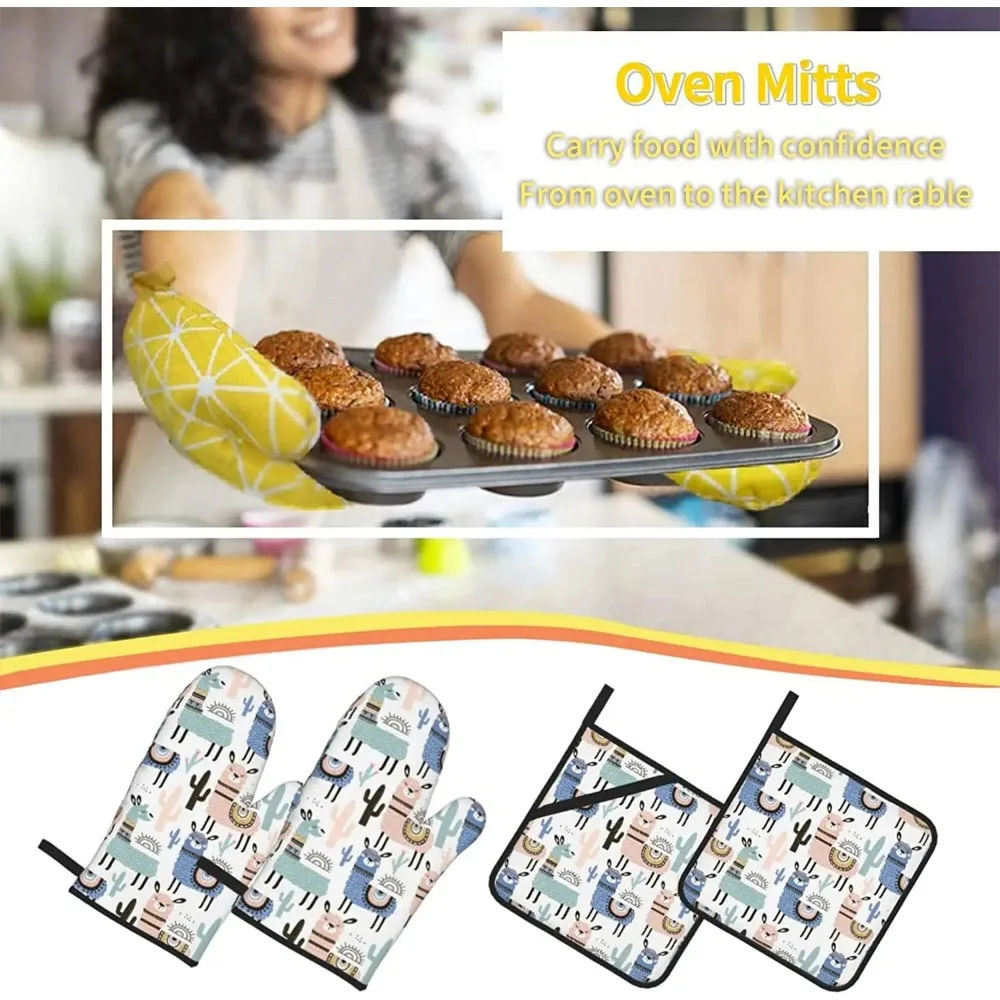 Alpaca Oven Mitts and Pot Holders Sets of 4 Baking Cooking BBQ Oven Mitts Heat Resistant Non-Slip Quilting Grill Gifts